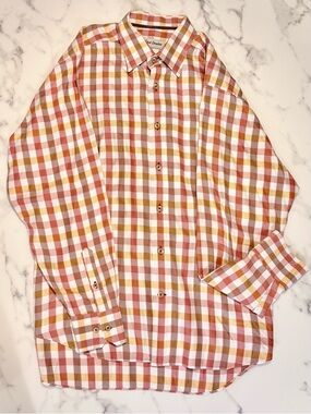 David Donahue Pink and Mustard Plaid Cotton Button-Down Shirt